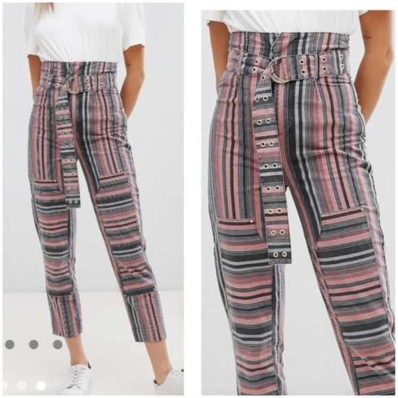 NWT ASOS Stevie Belted Peg Pants in Berry Stripe, High Waist, Rare & Unique. - Picture 1 of 13